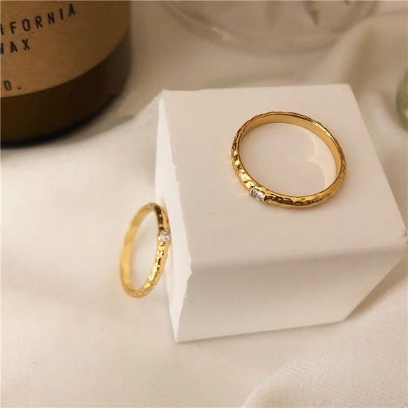 18K Gold Plated Hand Hammered Dainty Minimalistic Solitaire Band Ring - Picture 2 of 6